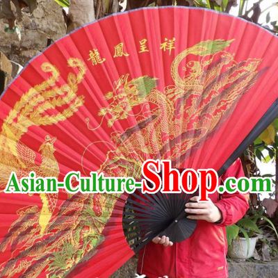 Chinese Traditional Fans Decoration Crafts Painting Dragon Phoenix Black Frame Folding Fans Red Silk Fans