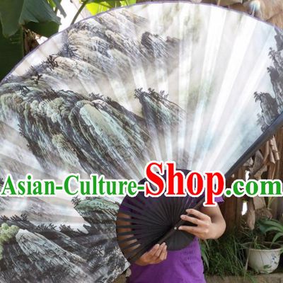Chinese Traditional Paper Fans Decoration Crafts Landscape Painting Black Frame Folding Fans