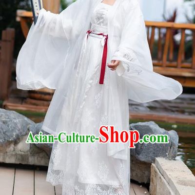 Chinese Tang Dynasty Princess Embroidered Costumes Ancient Peri White Hanfu Dress for Women