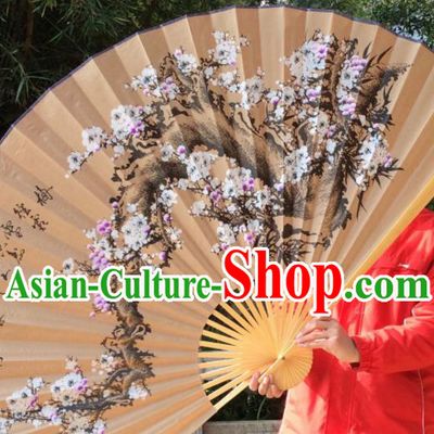 Chinese Traditional Handmade Paper Fans Decoration Crafts Ink Painting Plum Blossom Wood Frame Folding Fans