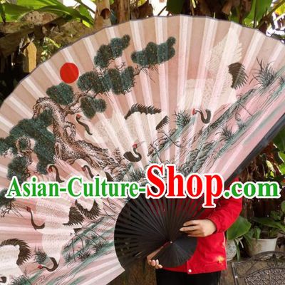 Chinese Traditional Handmade Silk Fans Decoration Crafts Ink Painting Cranes Black Frame Folding Fans
