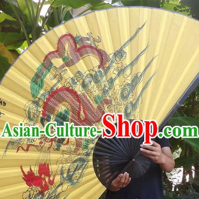 Chinese Traditional Handmade Yellow Silk Fans Decoration Crafts Ink Painting Dragon Black Frame Folding Fans