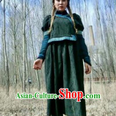 Chinese Traditional Mongol Ethnic Costume Mongolian Minority Nationality Green Robe for Women