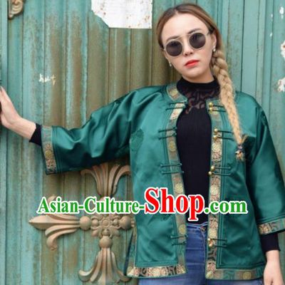 Chinese Traditional Mongol Ethnic Costume Mongolian Minority Nationality Green Brocade Blouse for Women