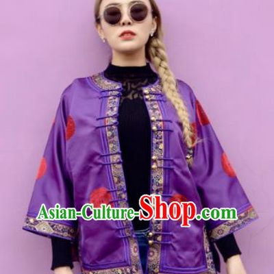 Chinese Traditional Mongol Ethnic Costume Mongolian Minority Nationality Purple Brocade Blouse for Women
