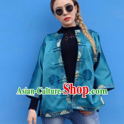 Chinese Traditional Mongol Ethnic Costume Mongolian Minority Nationality Blue Brocade Blouse for Women