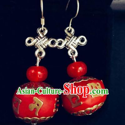 Chinese Ethnic Jewelry Accessories Mongolian Minority Nationality Red Earrings for Women
