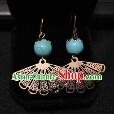 Chinese Ethnic Jewelry Accessories Mongolian Minority Nationality Fan-Shape Earrings for Women