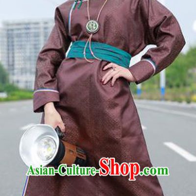 Chinese Mongol Minority Ethnic Costume Traditional Brown Brocade Mongolian Robe for Women