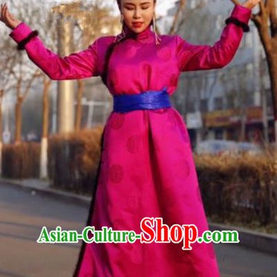 Chinese Traditional Mongol Ethnic Female Costume Mongolian Minority Nationality Rosy Robe for Women