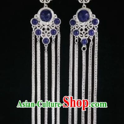 Chinese Ethnic Jewelry Accessories Mongolian Minority Nationality Long Blue Earrings for Women