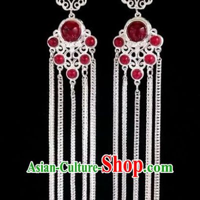 Chinese Ethnic Jewelry Accessories Mongolian Minority Nationality Long Red Earrings for Women