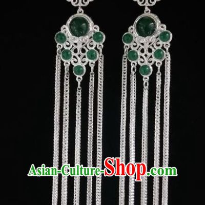 Chinese Ethnic Jewelry Accessories Mongolian Minority Nationality Long Green Earrings for Women