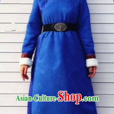 Chinese Traditional Mongol Minority Ethnic Costume Blue Suede Fabric Mongolian Dust Coat for Women