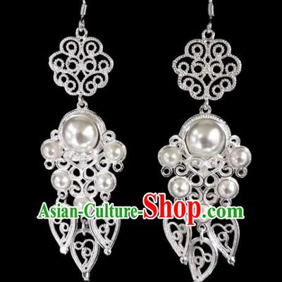 Chinese Ethnic Jewelry Accessories Mongolian Minority Nationality White Beads Earrings for Women