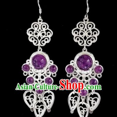 Chinese Ethnic Jewelry Accessories Mongolian Minority Nationality Purple Beads Earrings for Women