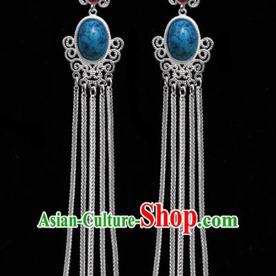 Chinese Ethnic Jewelry Accessories Mongolian Minority Long Tassel Blue Earrings for Women