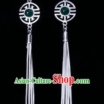 Chinese Traditional Ethnic Jewelry Accessories Eardrop Mongolian Green Beads Earrings for Women