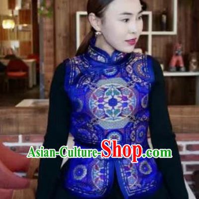 Chinese Mongol Minority Ethnic Costume Traditional Royalblue Brocade Mongolian Vest for Women