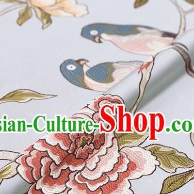 Asian Chinese Blue Brocade Fabric Traditional Flowers Birds Pattern Design Satin Cushion Silk Fabric Material