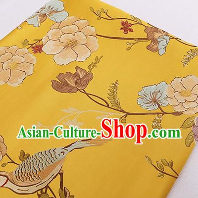 Asian Chinese Yellow Brocade Fabric Traditional Flowers Birds Pattern Design Satin Cushion Silk Fabric Material
