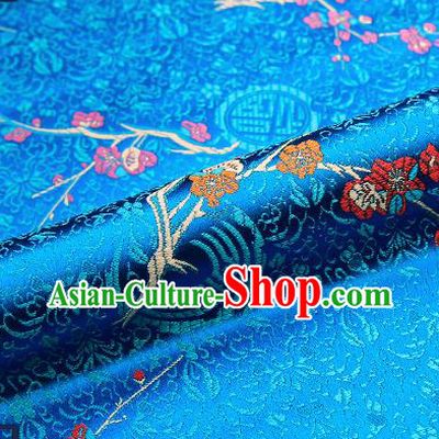 Asian Chinese Blue Brocade Fabric Traditional Plum Blossom Pattern Design Satin Tang Suit Silk Fabric Material