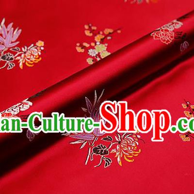 Asian Chinese Red Brocade Fabric Traditional Plum Blossom Orchid Bamboo Chrysanthemum Pattern Design Satin Pillow Silk Fabric Material