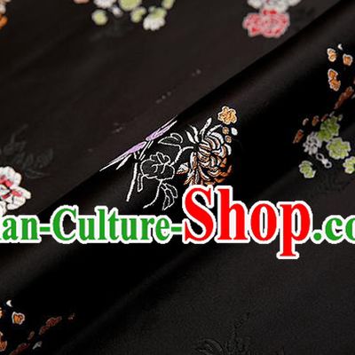 Asian Chinese Black Brocade Fabric Traditional Plum Blossom Orchid Bamboo Chrysanthemum Pattern Design Satin Pillow Silk Fabric Material