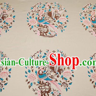 Chinese Traditional Beige Brocade Fabric Asian Birds Peony Pattern Design Satin Cushion Silk Fabric Material