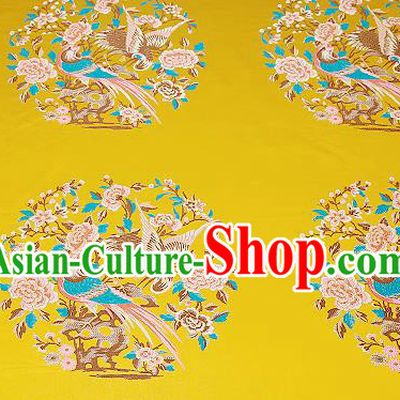 Chinese Traditional Yellow Brocade Fabric Asian Birds Peony Pattern Design Satin Cushion Silk Fabric Material
