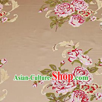 Chinese Traditional Khaki Brocade Fabric Asian Peony Pattern Design Satin Cushion Silk Fabric Material