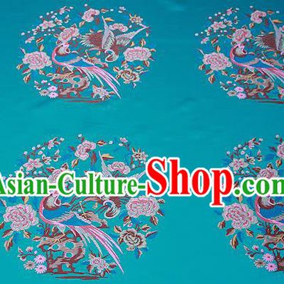 Chinese Traditional Blue Brocade Fabric Asian Birds Peony Pattern Design Satin Cushion Silk Fabric Material