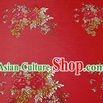 Chinese Traditional Red Brocade Fabric Asian Embroidery Peony Pattern Design Satin Cushion Silk Fabric Material