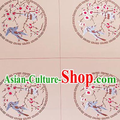 Chinese Traditional Beige Brocade Fabric Asian Embroidery Plum Blossom Birds Pattern Design Satin Cushion Silk Fabric Material
