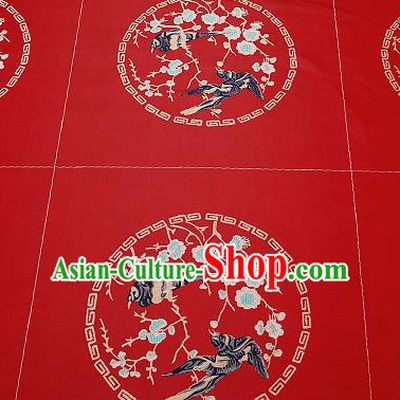 Chinese Traditional Red Brocade Fabric Asian Embroidery Plum Blossom Birds Pattern Design Satin Cushion Silk Fabric Material