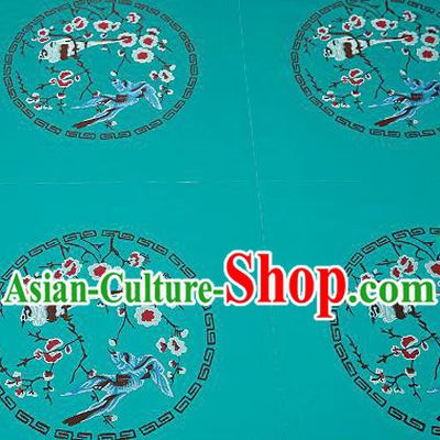 Chinese Traditional Green Brocade Fabric Asian Embroidery Plum Blossom Birds Pattern Design Satin Cushion Silk Fabric Material