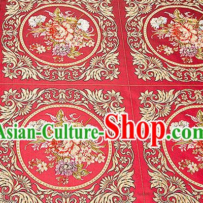 Chinese Traditional Red Brocade Fabric Asian Embroidery Peony Pattern Design Satin Cushion Silk Fabric Material