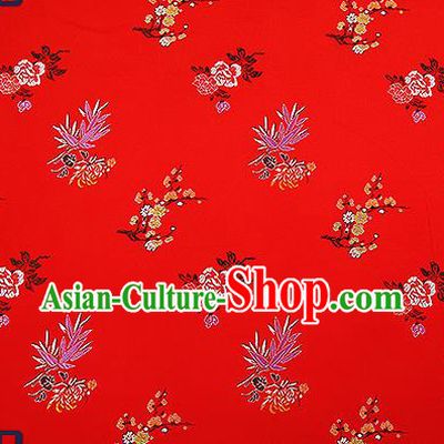 Chinese Traditional Red Brocade Fabric Classical Plum Blossom Orchid Bamboo Chrysanthemum Pattern Design Satin Tang Suit Silk Fabric Material