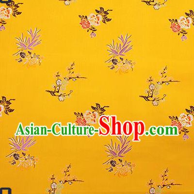 Chinese Traditional Yellow Brocade Fabric Classical Plum Blossom Orchid Bamboo Chrysanthemum Pattern Design Satin Tang Suit Silk Fabric Material