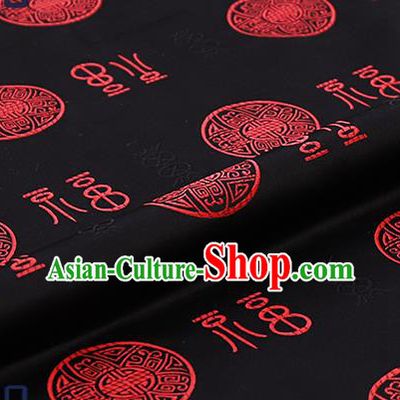 Chinese Traditional Black Brocade Drapery Classical Fu Character Pattern Design Satin Tang Suit Silk Fabric Material