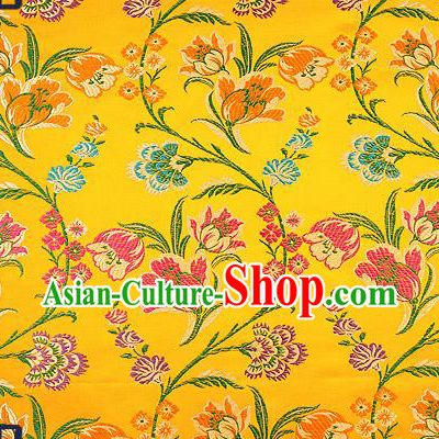 Traditional Chinese Yellow Brocade Drapery Classical Tulipa Pattern Design Satin Cheongsam Silk Fabric Material