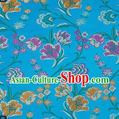 Traditional Chinese Blue Brocade Drapery Classical Tulipa Pattern Design Satin Cheongsam Silk Fabric Material