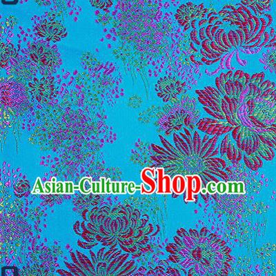 Traditional Chinese Blue Brocade Drapery Classical Fireworks Pattern Design Satin Table Flag Silk Fabric Material