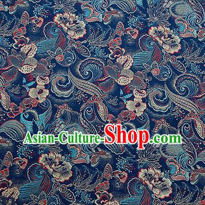 Traditional Chinese Navy Brocade Drapery Classical Butterfly Peony Pattern Design Satin Cheongsam Silk Fabric Material