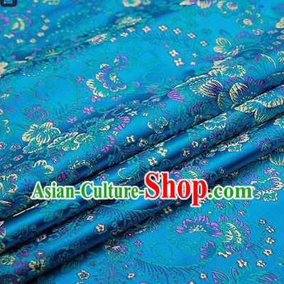 Chinese Traditional Lake Blue Brocade Drapery Classical Peony Pattern Design Satin Tang Suit Qipao Silk Fabric Material
