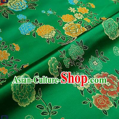 Traditional Chinese Brocade Drapery Classical Peony Pattern Design Green Satin Qipao Silk Fabric Material