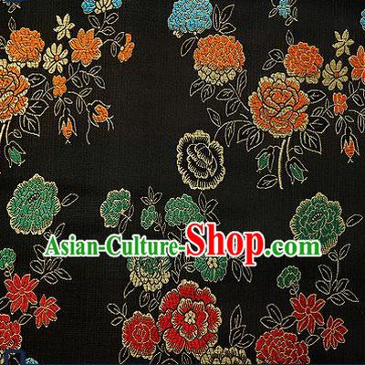 Traditional Chinese Brocade Drapery Classical Peony Pattern Design Black Satin Qipao Silk Fabric Material