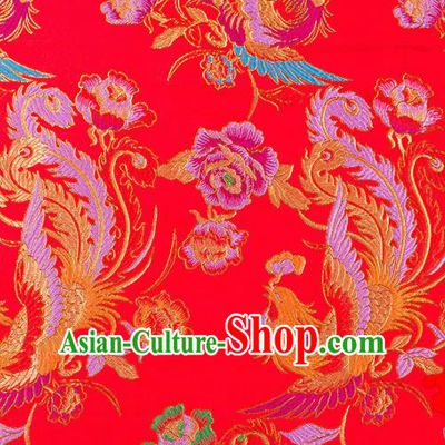 Asian Chinese Traditional Fabric Red Brocade Silk Material Classical Phoenix Peony Pattern Design Satin Drapery