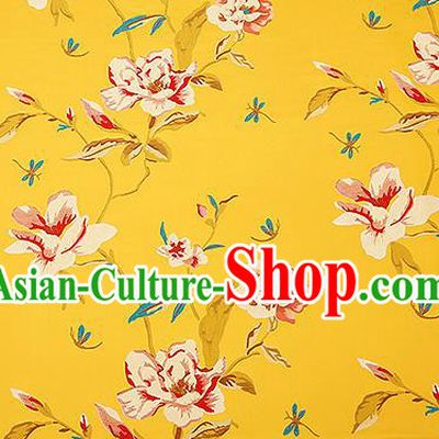 Traditional Chinese Yellow Satin Brocade Drapery Classical Embroidery Peony Pattern Design Cushion Silk Fabric Material
