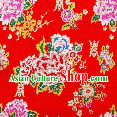 Asian Chinese Traditional Fabric Tang Suit Red Brocade Silk Material Classical Peony Pattern Design Satin Drapery